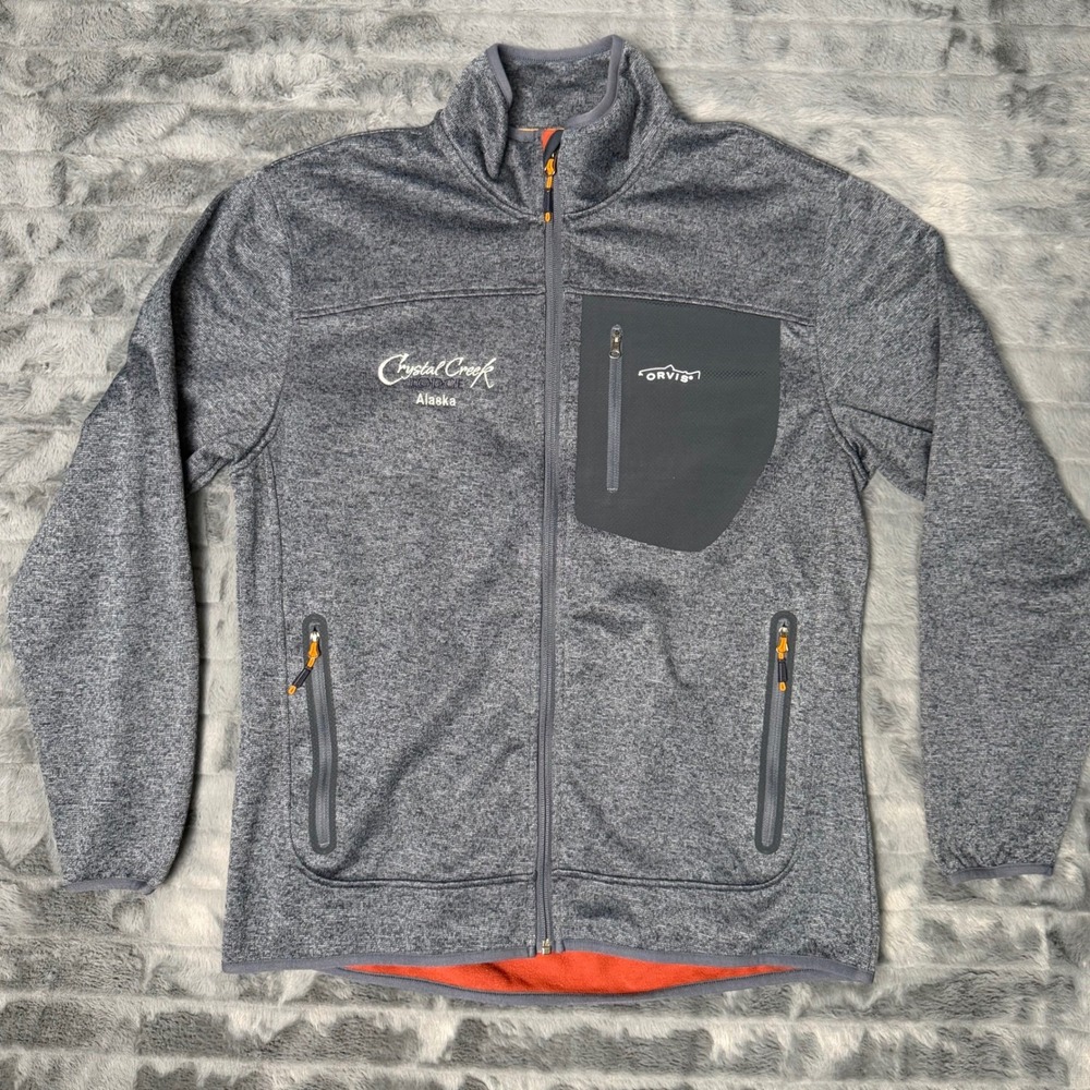 Orvis Mens Full Zip Fleece Jacket Gray Crystal Creek Lodge Alaska Sweater Knit M